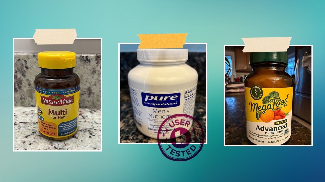 Collage of men's multivitamins by Nature Made, Pure Encapsulations, and Mega Food.